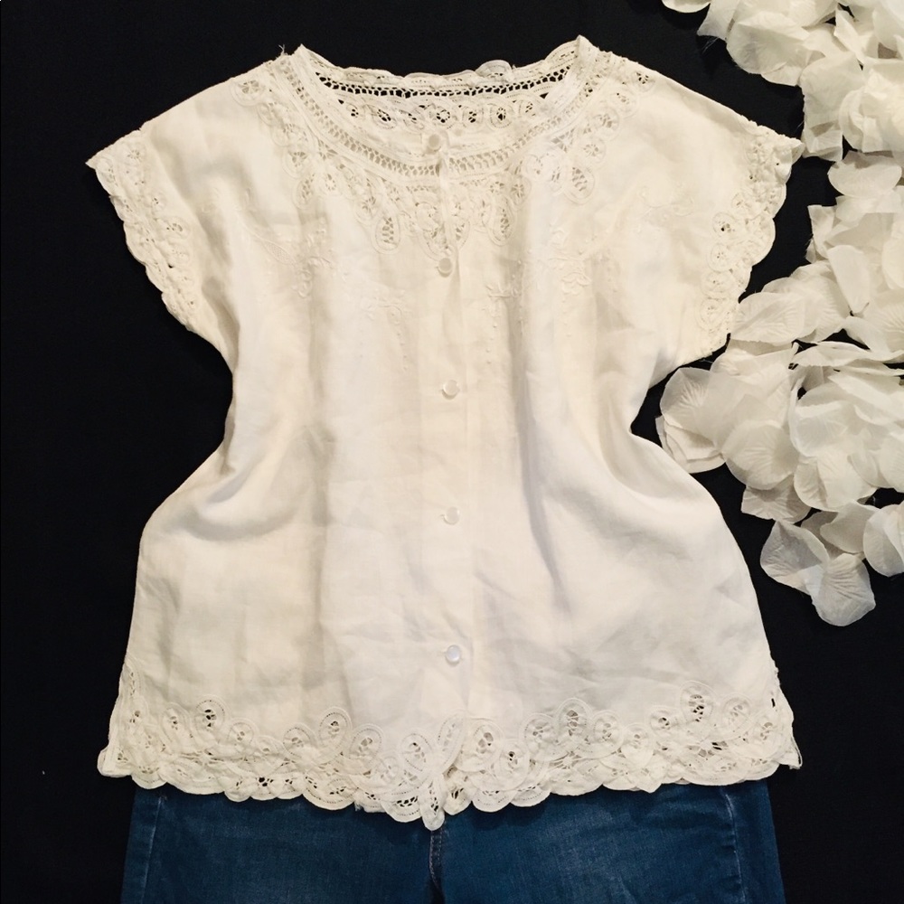DELUXE blouse  linen Summer top white Sz M EUC